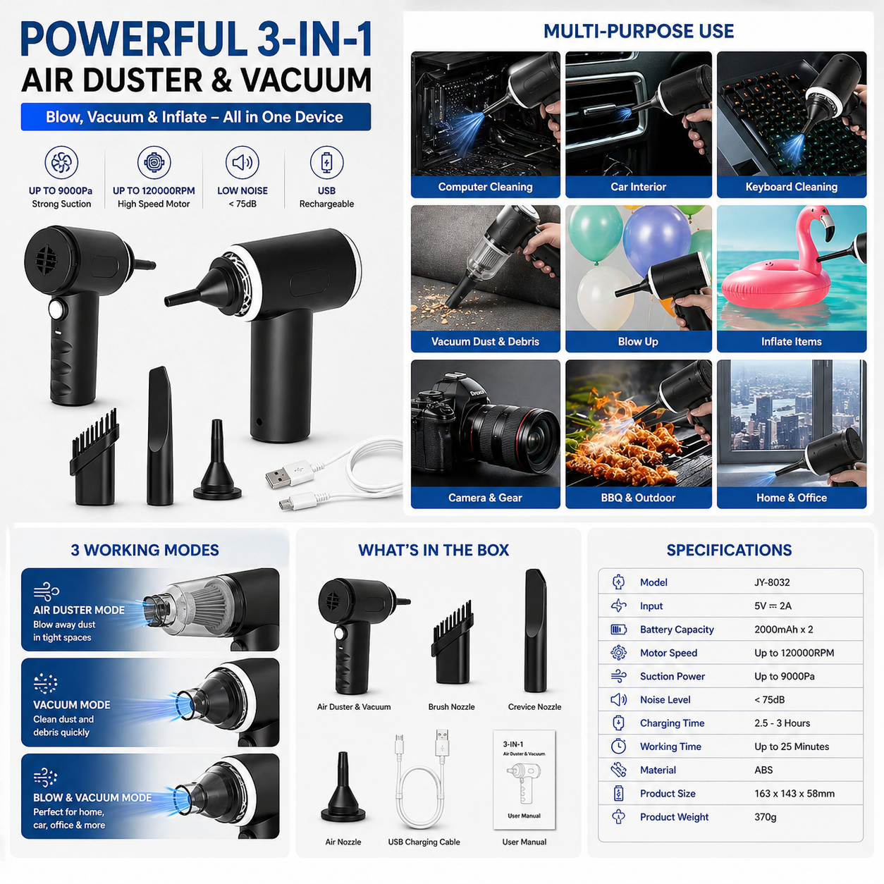 Car Vacuum Cleaner 3-in-1 Cordless Handheld Vacuum with Blower