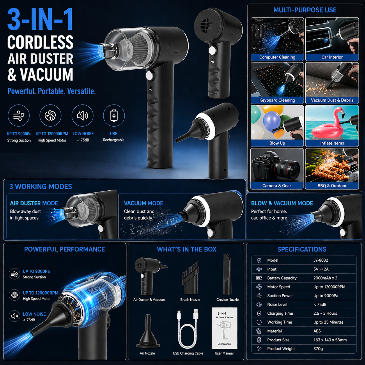 Car Vacuum Cleaner 3-in-1 Cordless Handheld Vacuum with Blower